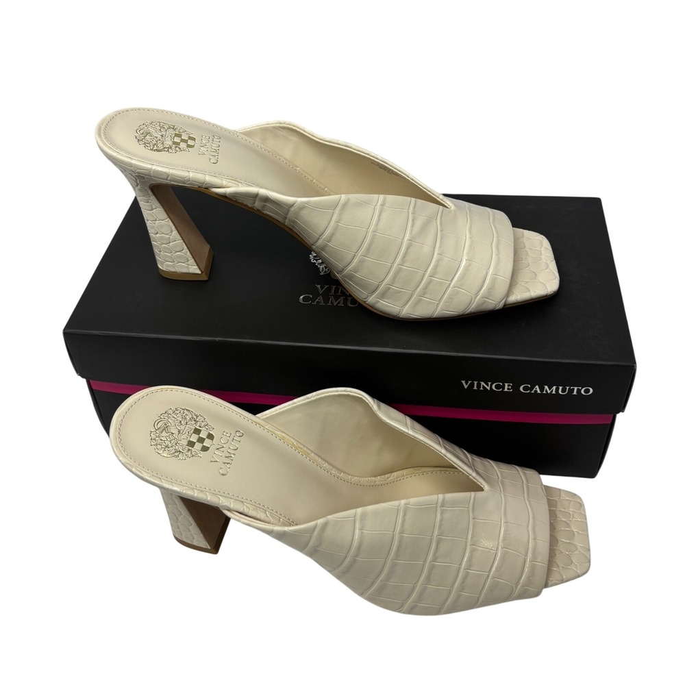 Vince Camuto Galeni Cream Croc Embossed Square Toe Mules Heels Size 11M